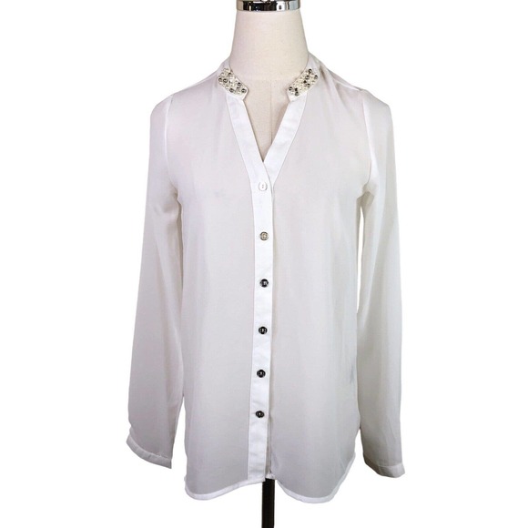 BCBG MaxAzria Blouse Sheer White Chiffon Jeweled Collar XS - Picture 1 of 9